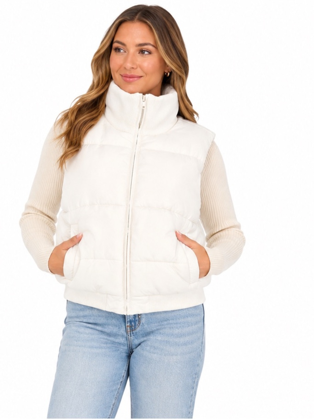 Madden Girl White Puffer Vest Zip Front Quilted Rib Knit Collar Large
